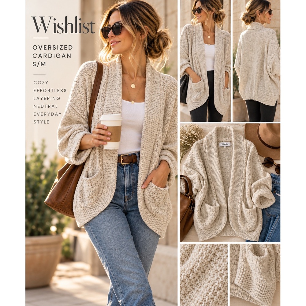 Wishlist Cream Oversized Cardigan S/M Slouchy Lagenlook Coastal Knit Pockets